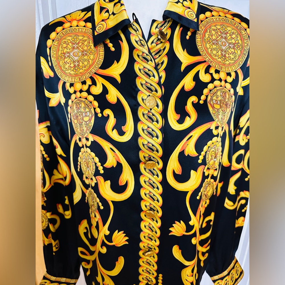 Escada Blouse Rare Vintage Baroque Black Gold Long Sleeve Size 40 8 US 100% Silk - Picture 5 of 15